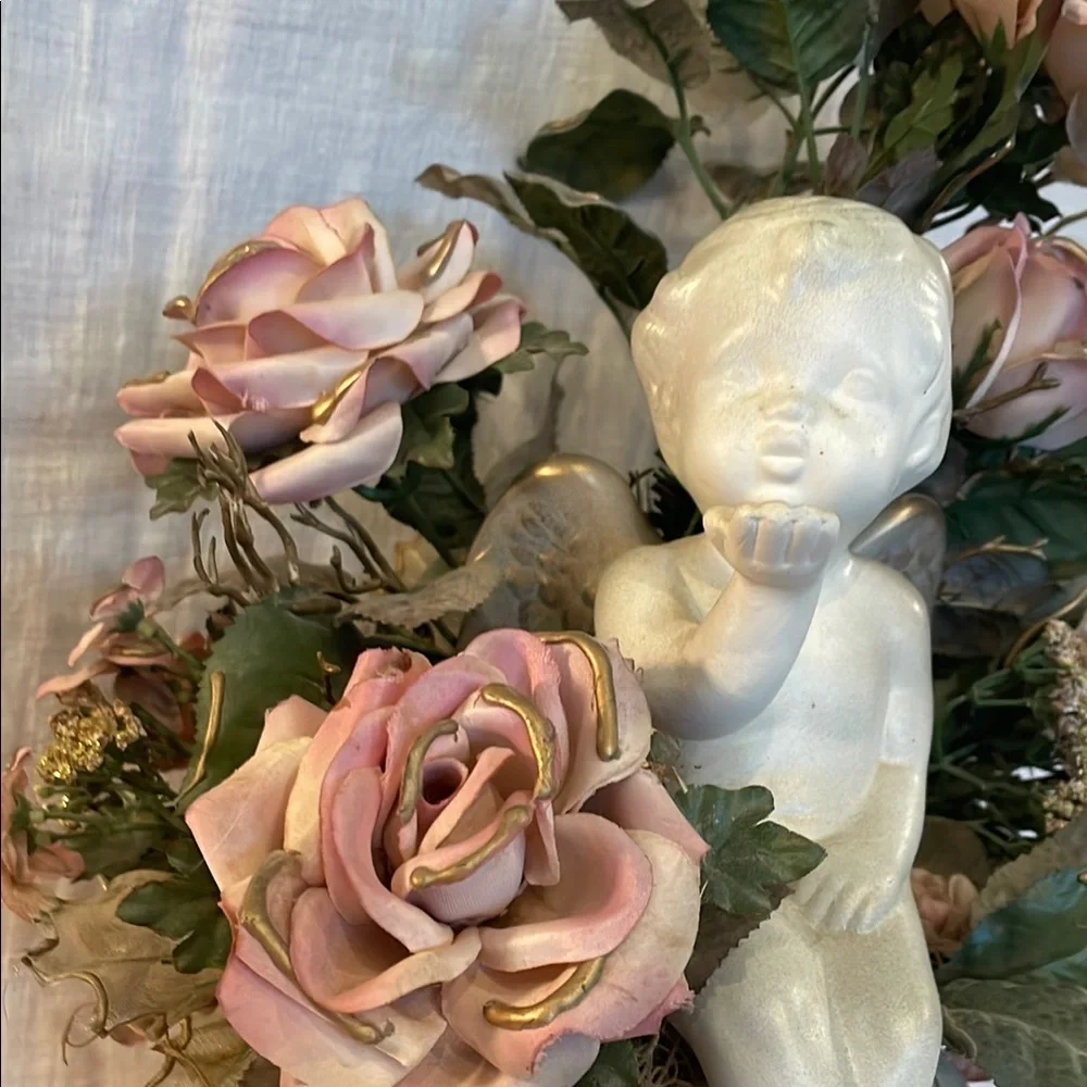 Elegant Cherub and Rose Arrangement - Ivory and Pink